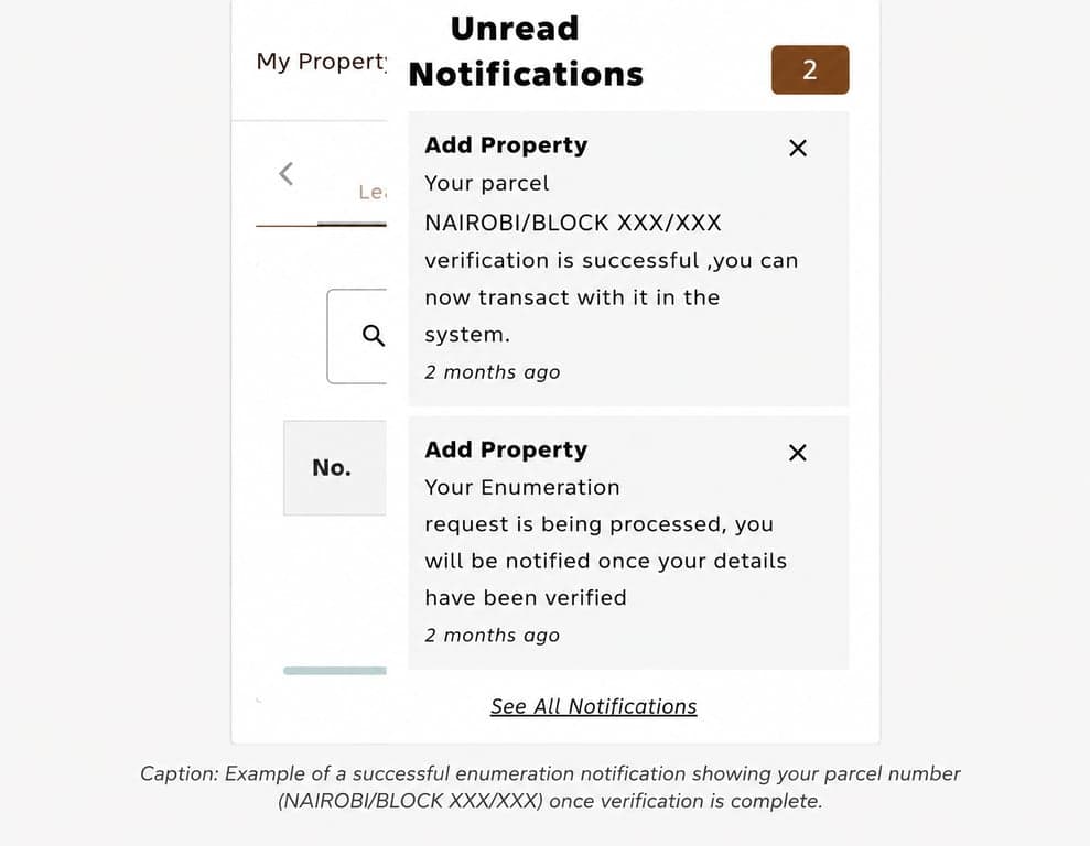 Example of a successful property enumeration notification after verification.
